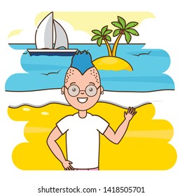 summer time man waving hand beach boat island sand sea palm tree vector illustration