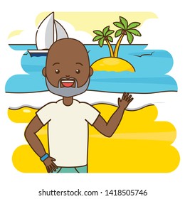 summer time man waving hand beach boat island sand sea palm tree vector illustration