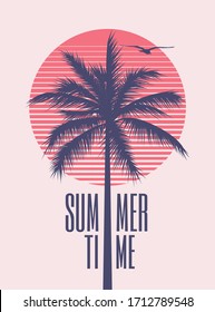 Summer time minimalistic vintage styled poster design template with palm silhouette and red sun on background for summer party or event. Vector illustration