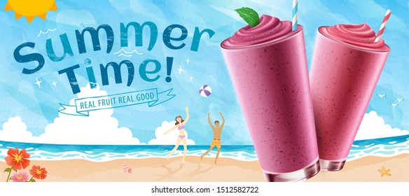 Summer time mix berry smoothie ads on doodle style beach in 3d illustration