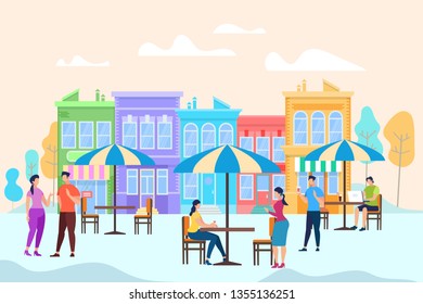 Summer Time in Modern City. People Sitting at Tables with Umbrellas, Drinking Coffee or Tea, Talking to Each Other. Men and Women Characters Relaxing at Open Air Cafe. Cartoon Flat Vector Illustration