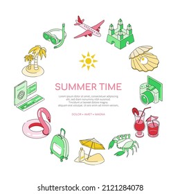 Summer time - modern isometric colorful banner with icons