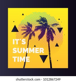 Summer time, Modern poster with palm tree and geometric graphic. Vector illustration.