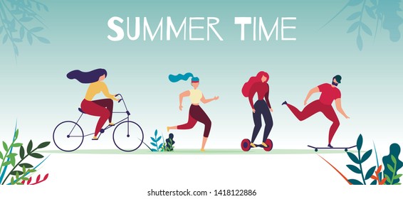 Summer Time Motivational Sports Banner. Active Male and Female Characters Cycling, Jogging, Riding Gyroscooter and Skateboard. Man and Woman Outdoors Recreation. Vector Flat Cartoon Illustration