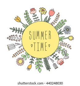 Summer time multicolored circle illustration with doodle cartoon flowers and plants.