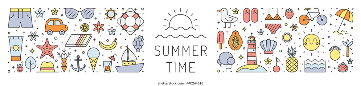 Summer time multicolored horizontal illustration. Clean and simple outline design.