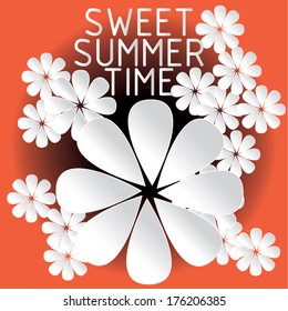 summer time is my love. spring fresh. paper small white flowers. for poster. background colorful. vector illustration
