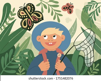 Summer time in nature, outdoor activities. Small boy with backpack and scoop catches butterflies in high grass. Funny child exploring, watching for beautiful moth. Young naturalist vector illustration