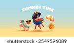 Summer time. Nature vacation. 3D grill, funny emoji characters, sun umbrella, beach chair, steak. Summer party. Cheerful banner. Vector illustration.