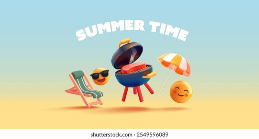 Summer time. Nature vacation. 3D grill, funny emoji characters, sun umbrella, beach chair, steak. Summer party. Cheerful banner. Vector illustration.