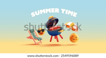 Summer time. Nature vacation. 3D grill, funny emoji characters, sun umbrella, beach chair, steak. Summer party. Cheerful banner. Vector illustration.