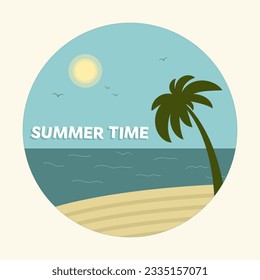 Hora de verano. Pegatina náutica. Tarjeta de diseño, postal. Palmeras, océano y playa. Ilustración vectorial plana.
