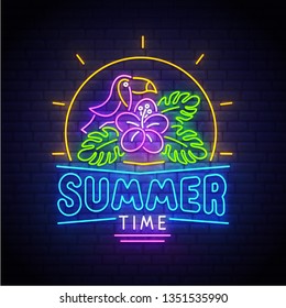 Summer time neon frame. Toucan. Tropical neon template. Bright sign. Summer logo, emblem, light banner. Vector illustration