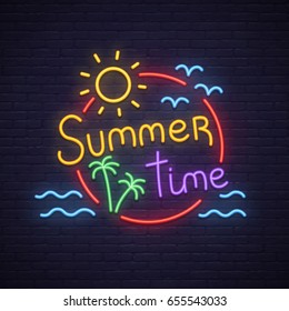 Summer Time neon sign. Neon sign, bright signboard, light banner. 