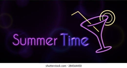 Summer time neon sign. Cocktail.