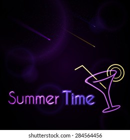 Summer time neon sign. Cocktail. Vector background.