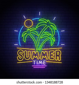 Summer time neon sign. Palm trees, sun, neon bright sign. Summer logo, emblem, light banner. Vector illustration