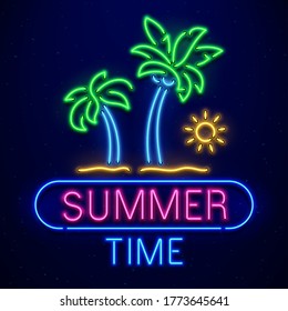 Summer time neon sign. Palm trees on sand beach, sun isolated on dark blue background. Summer logo, light banner. Bright colorful signboard for club, bar or cafe advertisement, travel concept