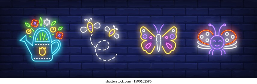 Summer time neon sign set. Bunch of flowers, bees, butterfly. Vector illustration in neon style, bright banner for topics like season, nature, vacation