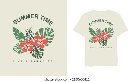 Summer time with omnstera and flower, stylish t-shirts and trendy clothing designs with lettering, and printable, vector illustration designs.