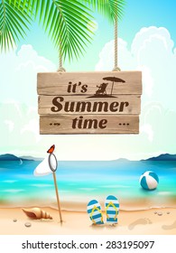 Summer Time on background seascape, beach, waves with realistic objects. Vector Illustration