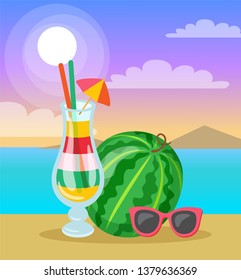Summer time on beach, papercard decorated by watermelon, cocktail in glasses and sunglasses. Colorful card with clody sky and sunshine flat style vector