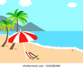 Summer time on the beach seashore with beach umbrella and chair.