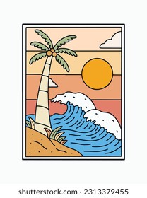 Hora de verano en la temática de la playa. las ondas y la ilustración del vector del coco para pegatinas, afiches, camisetas y otros