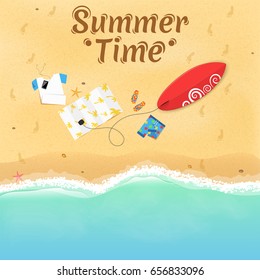 Summer time. On the beach are things, a surfboard and accessories. Cover for your project. Top view of the beach. Exotic zone of rest. Vector illustration. Beautiful text on the sand. EPS 10