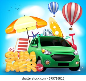 It's Summer Time on Blue Background with Bench and Beach Ball Vector Illustration
