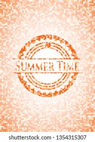 Summer Time orange tile background illustration. Square geometric mosaic seamless pattern with emblem inside.