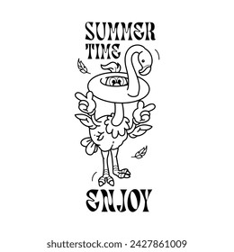 summer time. ostrich groovy cartoon. vector illustration isolated on the white background. Black and white. ostrich standing. flamingo 