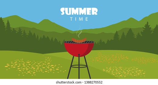 summer time outdoor bbq landscape with kettle barbecue and sausage vector illustration EPS10