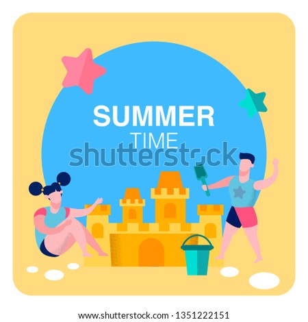 Summer Time Outdoor Games Flat Banner Template. Lettering. Cartoon Friends, Siblings, Brother, Sister Play in Fresh Air. Sandcastle, Toddlers in Round Frame. Seaside Resort, Children Camp Fun Poster