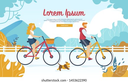 Summer Time Outdoors Activity, Man and Woman Riding Bikes in Public Park, Dog Run. Young People Vacation Spare Time, Sport, Leisure, Fun, Holidays Cartoon Flat Vector Illustration, Horizontal Banner