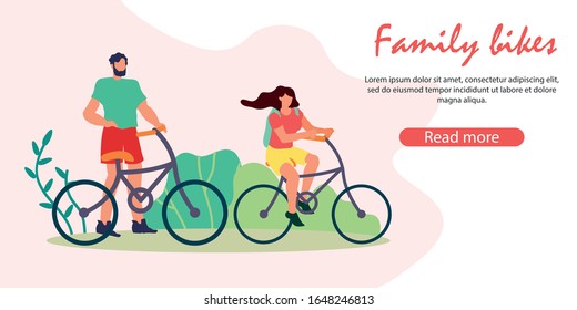 Horario de verano de actividades al aire libre, hombre y mujer montando bicicletas en el parque público, Jóvenes Vacaciones Tiempo libre, Estilo de vida deportivo, Ocio, Diversión, Vacaciones. Ilustración de vectores planos de caricatura, pancarta horizontal