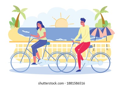 Summer Time Outdoors Activity, Man and Woman Riding Bikes in Public Park, on Seascape Background. Young People Vacation Spare Time, Sport, Leisure, Fun, Holidays Sport Cartoon Flat Vector Illustration