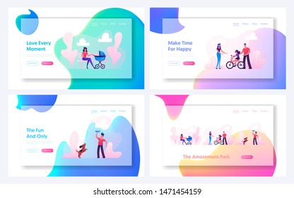 Summer Time Outdoors Activity Website Landing Page Set. People Walk in Park, Woman with Baby Stroller, Parents Teach Child Riding Bicycle, Boy with Dog Web Page Banner Cartoon Flat Vector Illustration