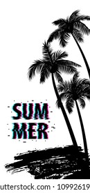Summer time palm tree banner poster. Tropical monochrome colored advertise. Travel sale invitation. Vertical vector illustration background. Glitch effect. Simple silhouette.