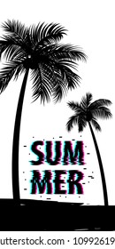 Summer time palm tree banner poster. Tropical monochrome colored advertise. Travel sale invitation. Vertical vector illustration background. Glitch effect. Simple silhouette.