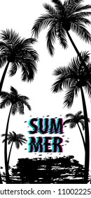Summer time palm tree banner poster. Tropical monochrome colored advertise. Travel sale invitation. Vertical vector illustration background. Glitch effect. Simple silhouette.