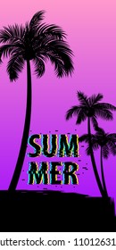 Summer time palm tree banner poster. Tropical monochrome colored advertise. Travel sale invitation. Vertical vector illustration background. Glitch effect. Simple silhouette.