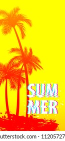Summer time palm tree banner poster. Tropical monochrome colored advertise. Travel sale invitation. Vertical vector illustration background. Glitch effect. Simple silhouette.