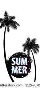 Summer time palm tree banner poster. Tropical monochrome colored advertise. Travel sale invitation. Vertical vector illustration background. Glitch effect. Simple silhouette.