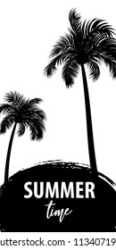 Summer time palm tree banner poster. Tropical monochrome colored advertise. Travel sale invitation. Vertical vector illustration background. Simple silhouette.