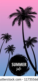 Summer time palm tree banner poster. Tropical monochrome colored advertise. Travel sale invitation. Vertical vector illustration background. Simple silhouette.