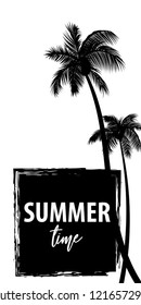 Summer time palm tree banner poster. Tropical monochrome colored advertise. Travel sale invitation. Vertical vector illustration background. Simple silhouette.