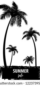 Summer time palm tree banner poster. Tropical monochrome colored advertise. Travel sale invitation. Vertical vector illustration background. Simple silhouette.