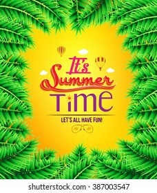 Summer Time with Palm Tree Leaves Border in an Orange Background. Vector Illustration
