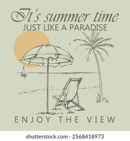 It's summer time. Palm tree with umbrellas print design for t shirt, poster, sticker and others. California surfing paradise. Beach Paradise Print T-shirt Graphics Design,  take me to the sunshine,